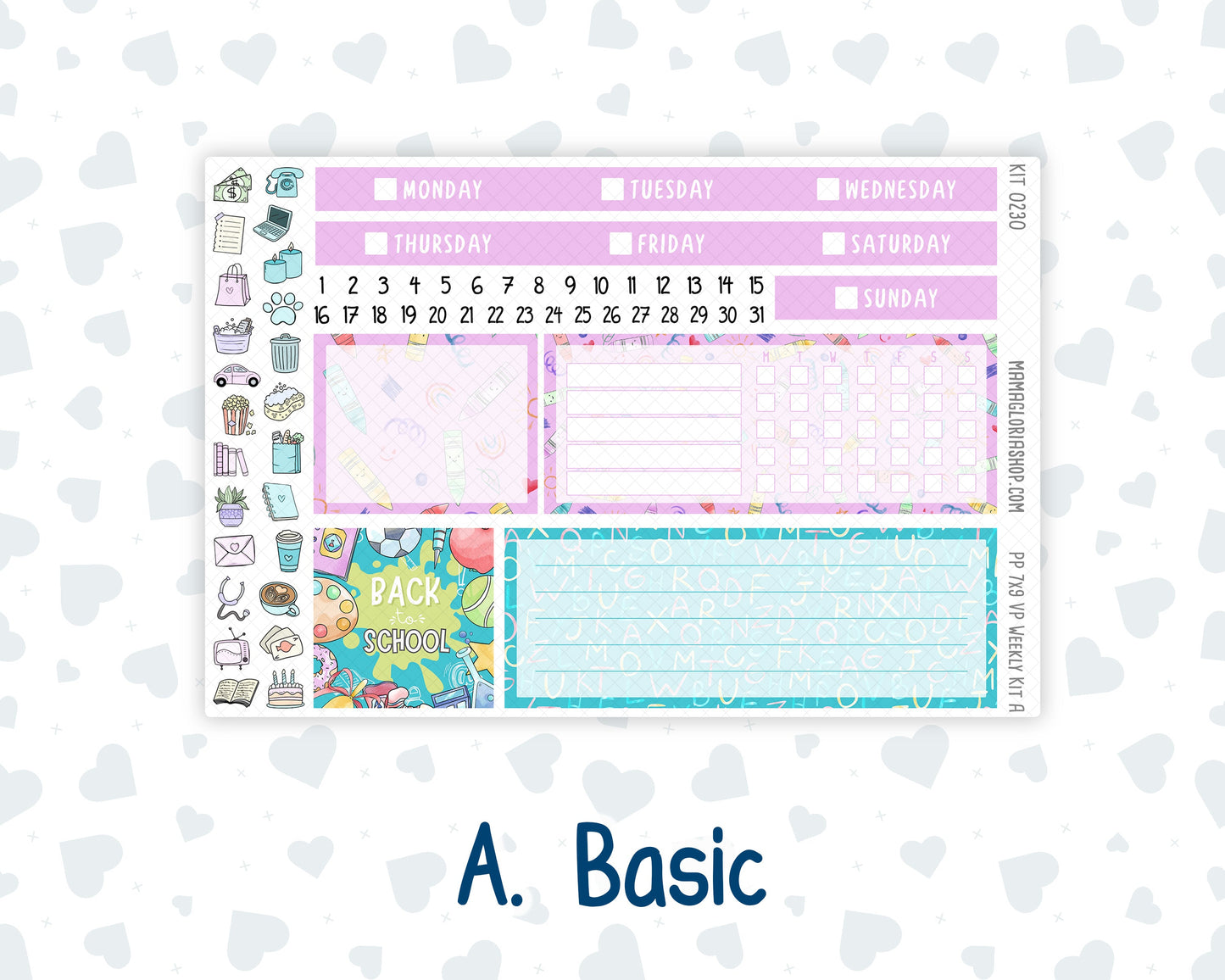 Kit 0230 - 7x9 - Vertical Priorities - Plum Paper - Weekly Kit - August - School Daze