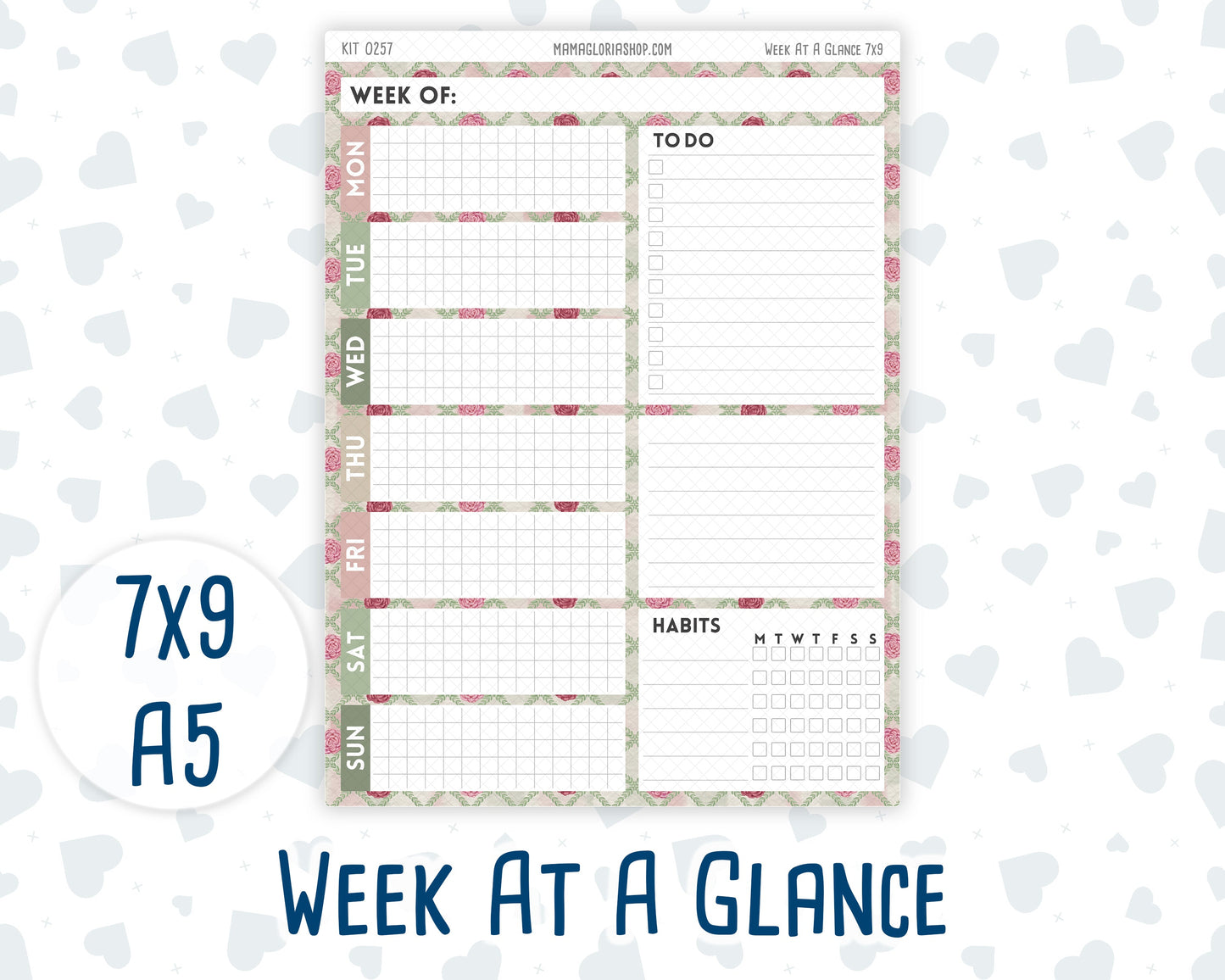 Kit 0257 - Week At A Glance - For 7x9 & A5 Planners | Notebooks - March - Blush Garden