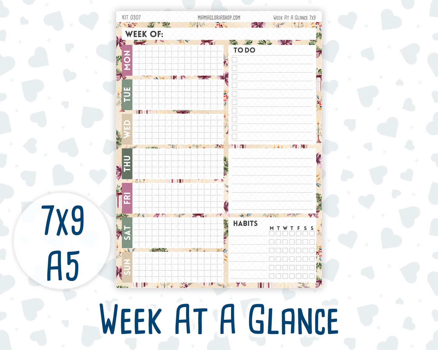 Kit 0307 - Week At A Glance - For 7x9 & A5 Planners | Notebooks - December - Velvet Hearth