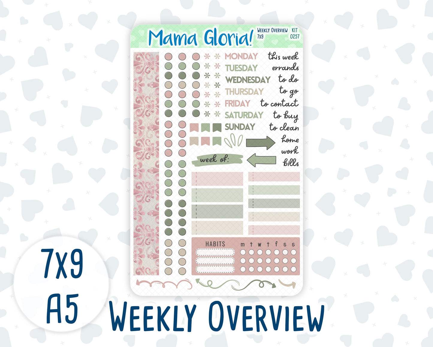Kit 0257 - Weekly Overview - For 7x9 & A5 Planners | Notebooks - March - Blush Garden