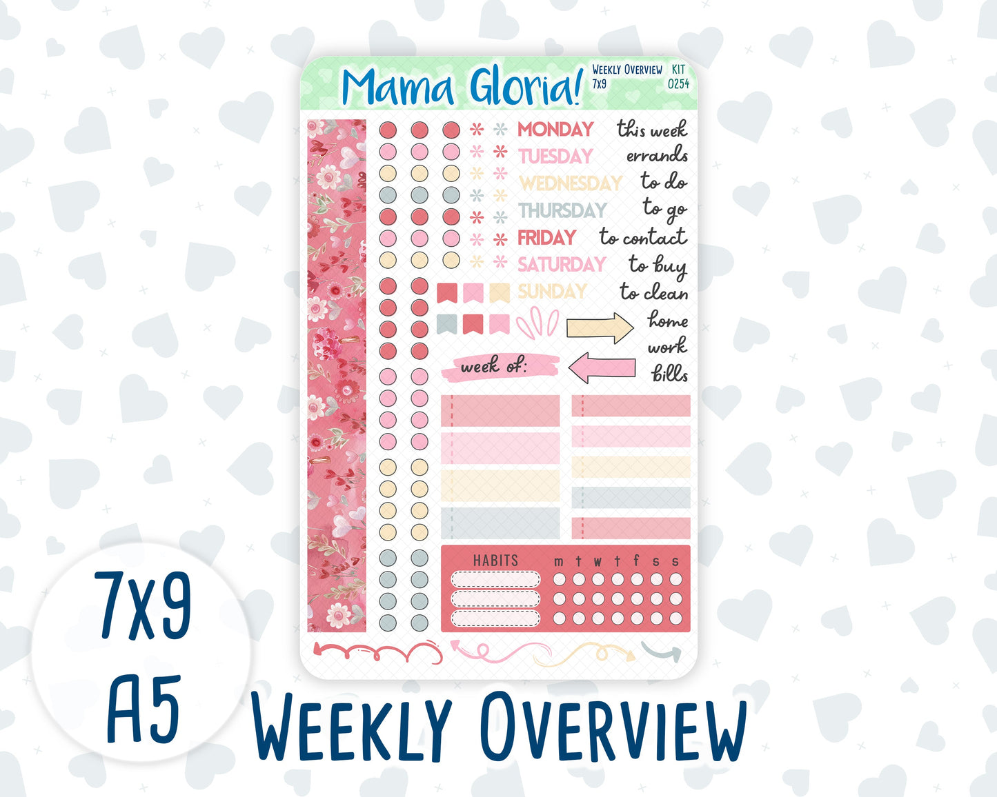 Kit 0254 - Weekly Overview - For 7x9 & A5 Planners | Notebooks - February - Valentine Village