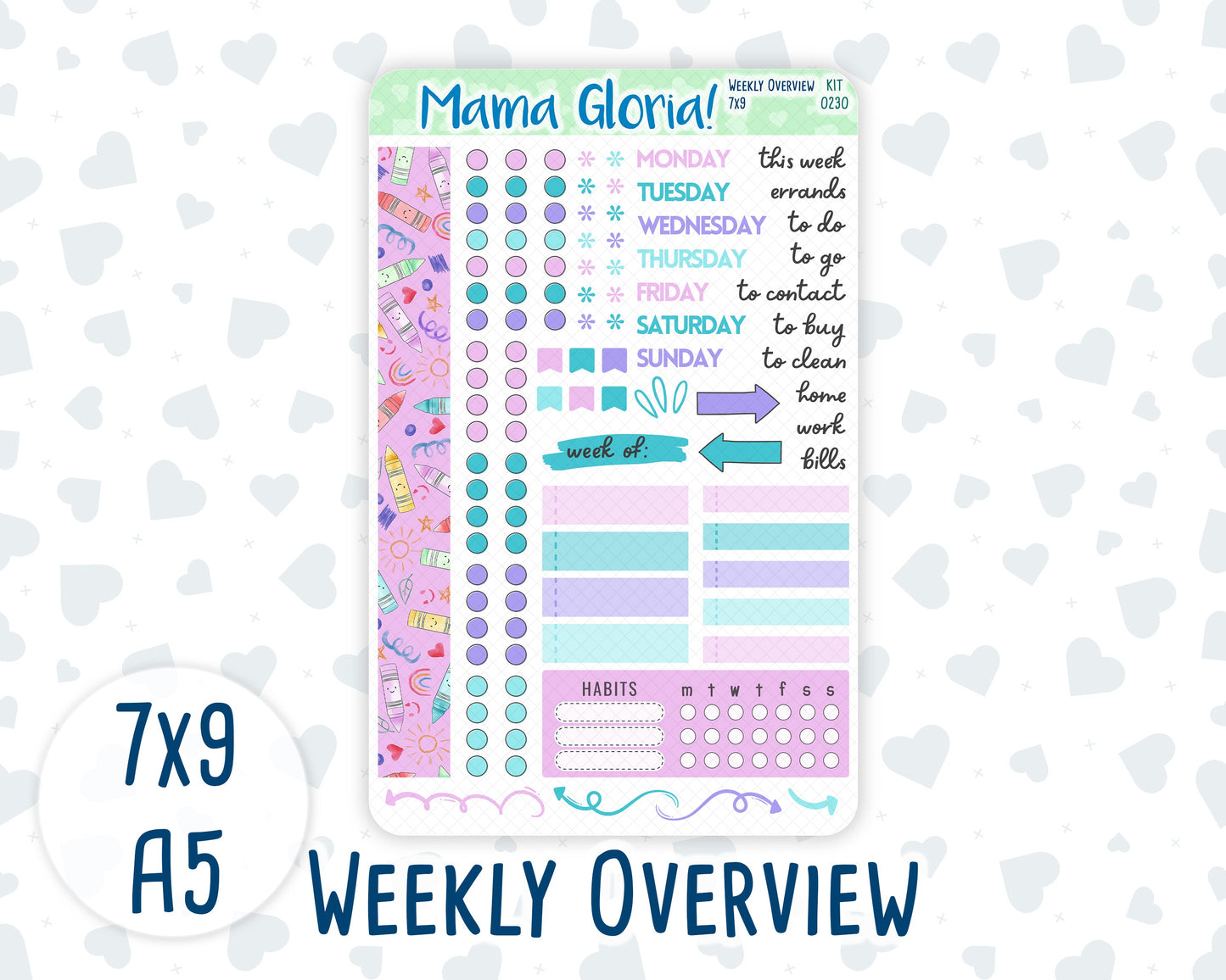 Kit 0230 - Weekly Overview - For 7x9 & A5 Planners | Notebooks - August - School Daze