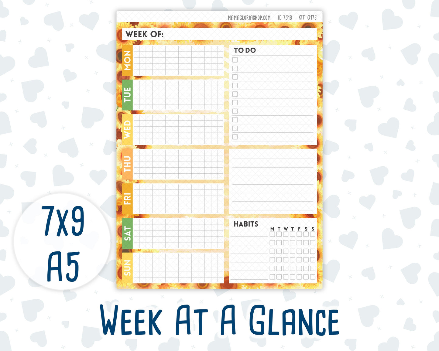 Kit 0178- Week At A Glance - Sunflowers- For 7x9 & A5 Planners - Notebooks - August- Summer