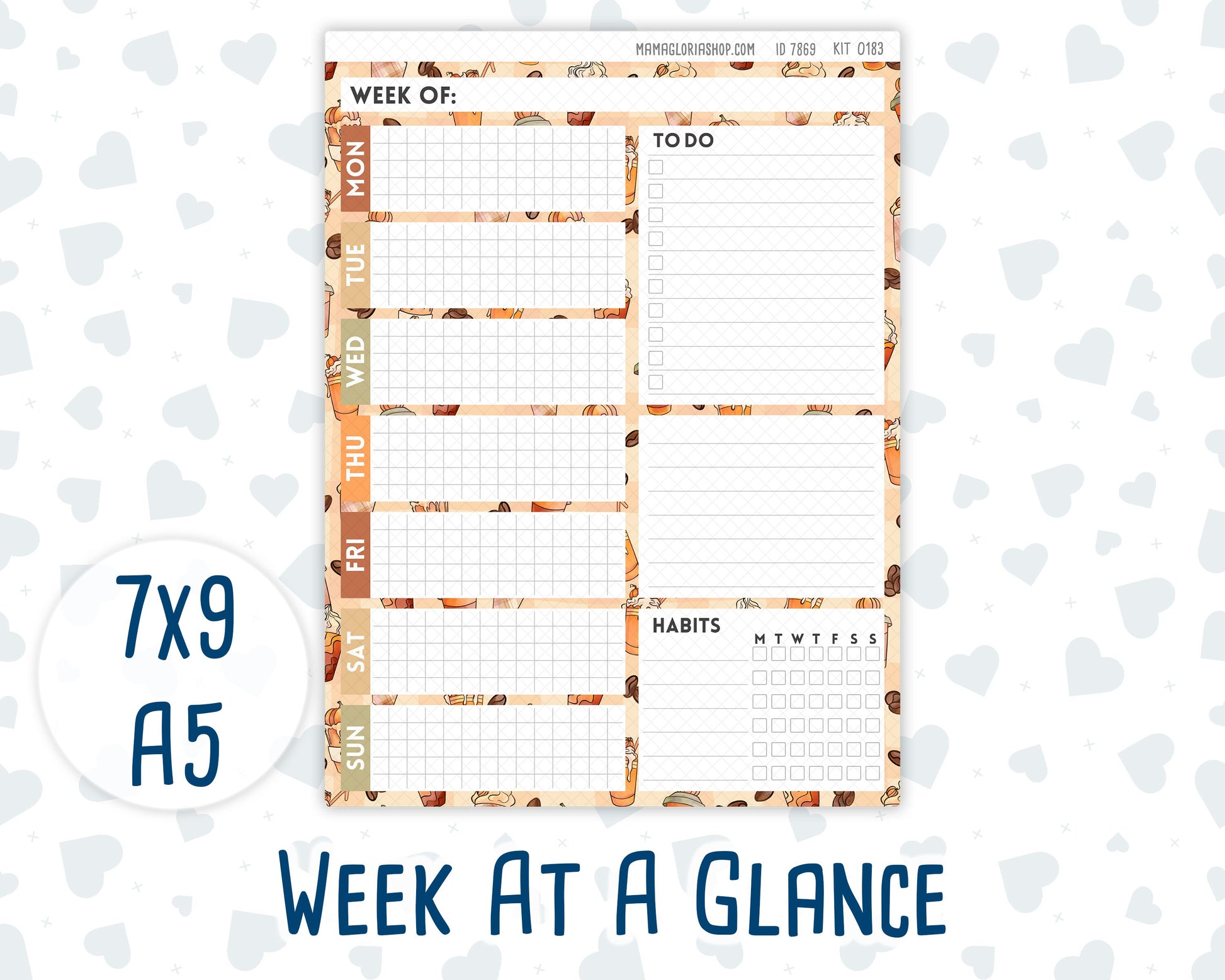 Kit 0183- Week At A Glance - Natl.Coffee Day - For 7x9 & A5 Planners - Notebooks - September- Autumn