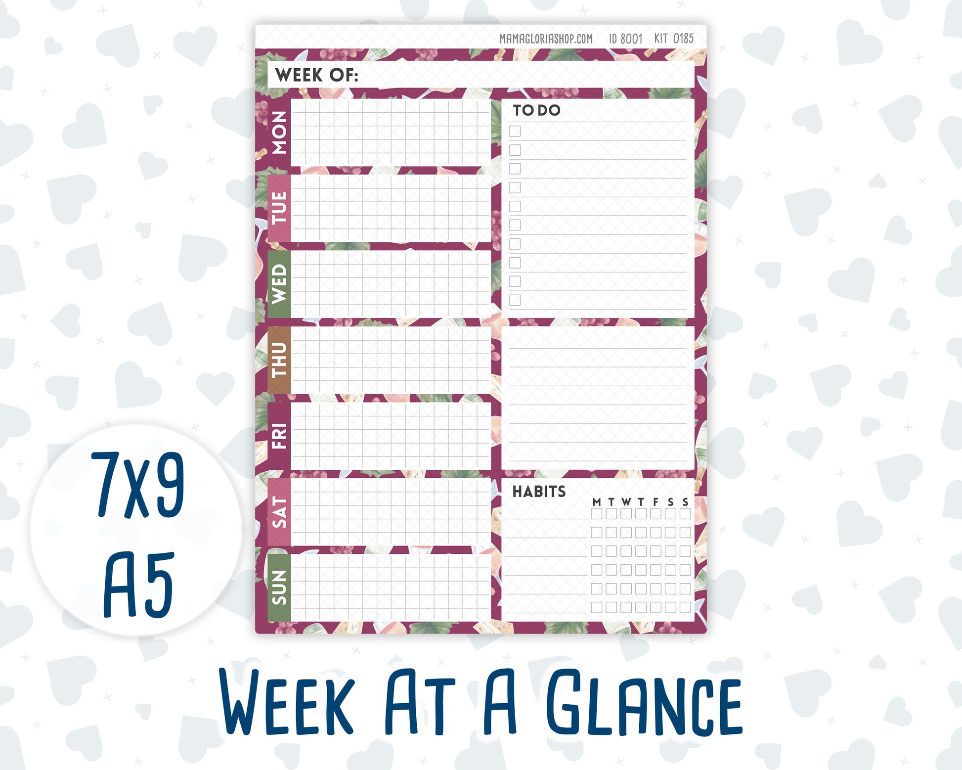 Kit 0185- Week At A Glance - Wine Time - For 7x9 & A5 Planners - Notebooks - September- Autumn