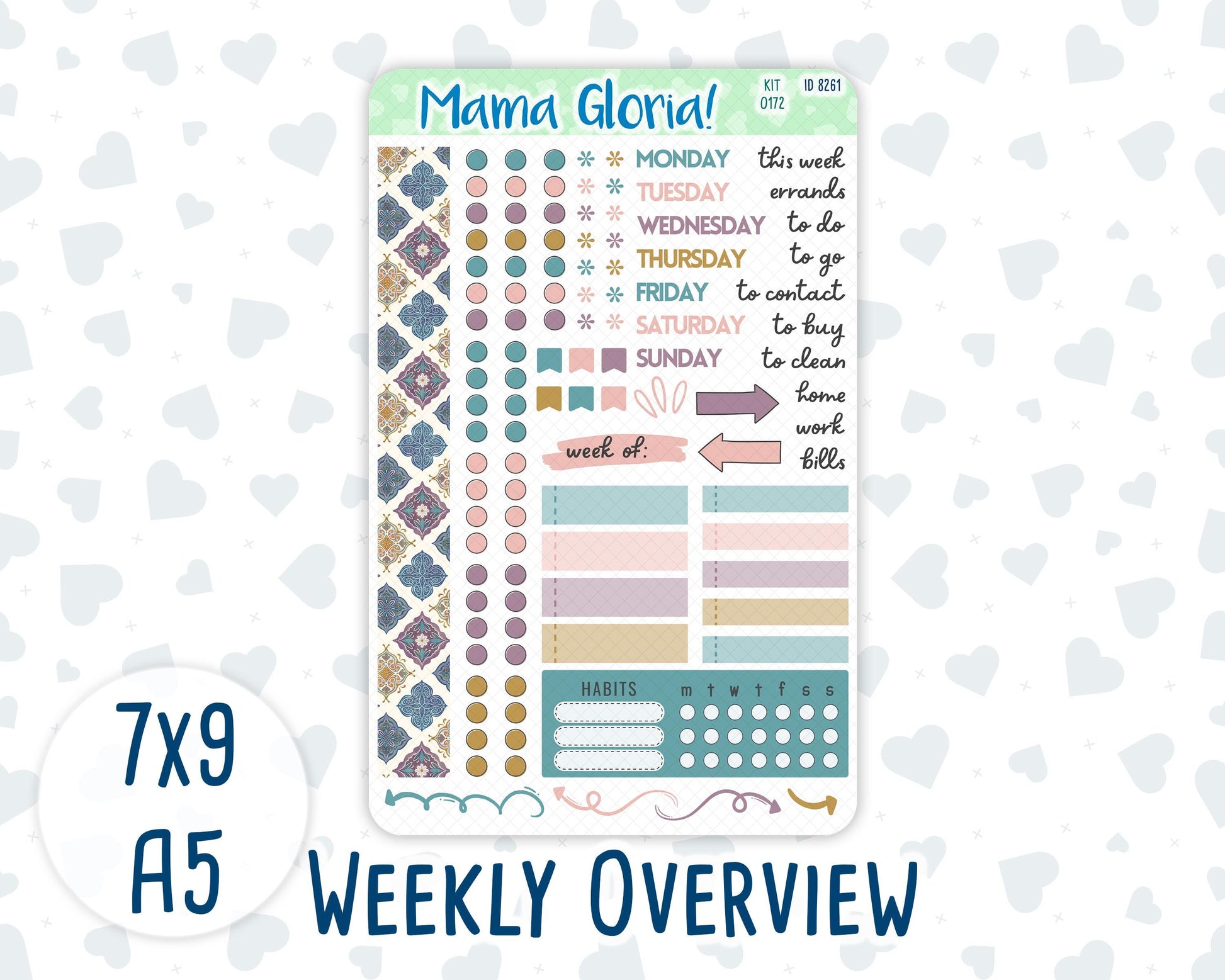 Kit 0172- Weekly Overview - Mosaic - For 7x9 & A5 Planners - Notebooks