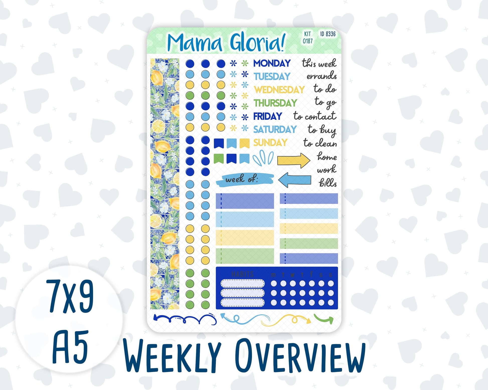 Kit 0187- Weekly Overview - Lemon&Mosaic - For 7x9 , A5 Planners - Notebooks