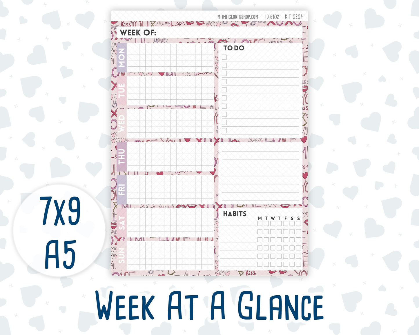 Kit 0204- Week At A Glance - Valentine's Garden - February- For 7x9 & A5 Planners - Notebooks