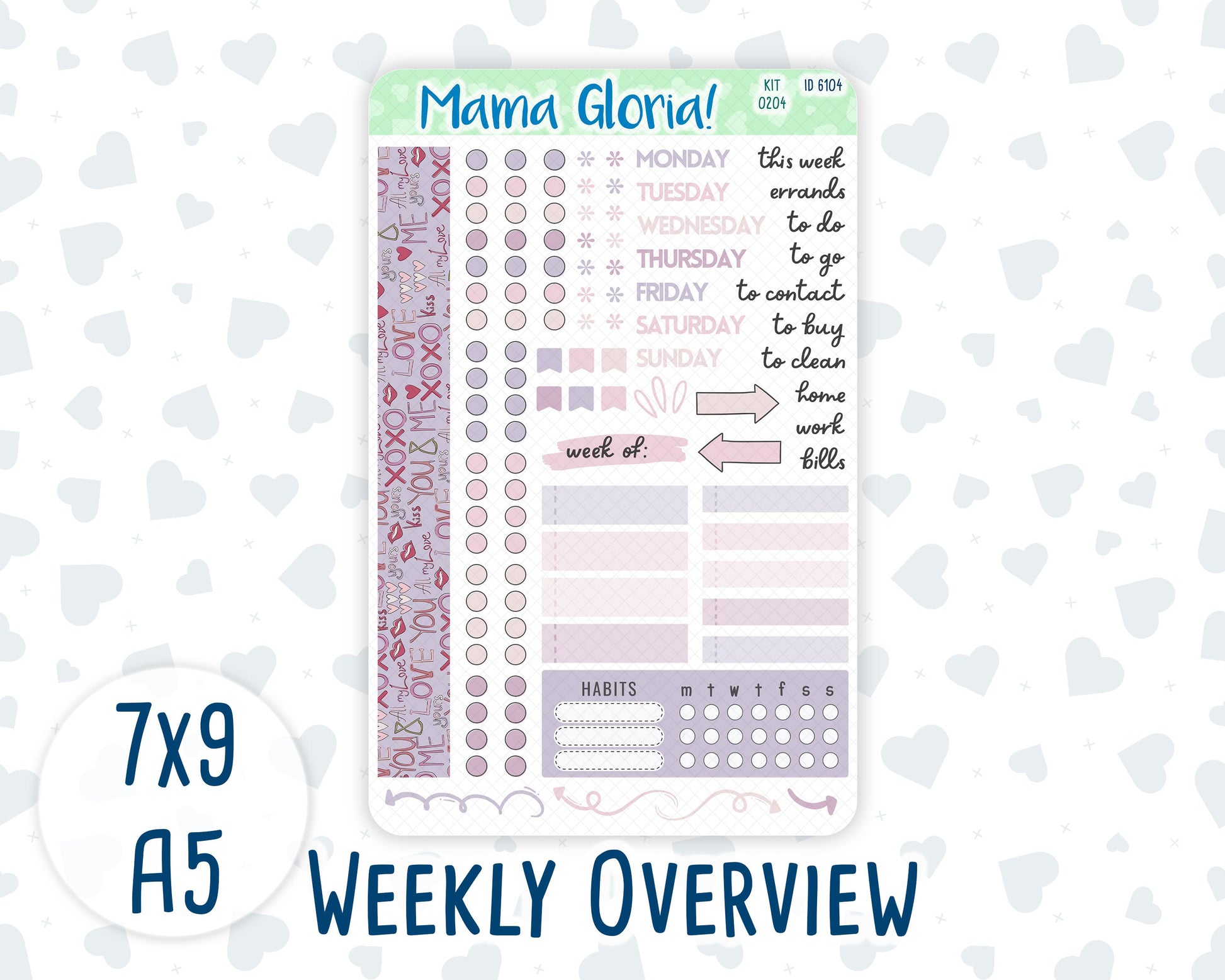 Kit 0204- Weekly Overview - Valentine's Garden - February- For 7x9 & A5 Planners - Notebooks