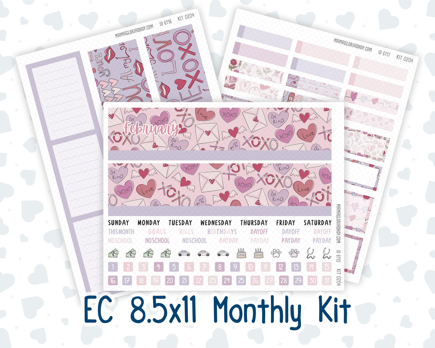 EC 8.5x11 Monthly - Kit 0204- Valentine's Garden - February- For Erin Condren Planners