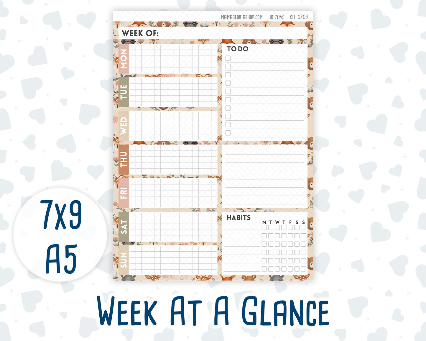 Kit 0209- Week At A Glance - Forest Friends - March - For 7x9 & A5 Planners - Notebooks