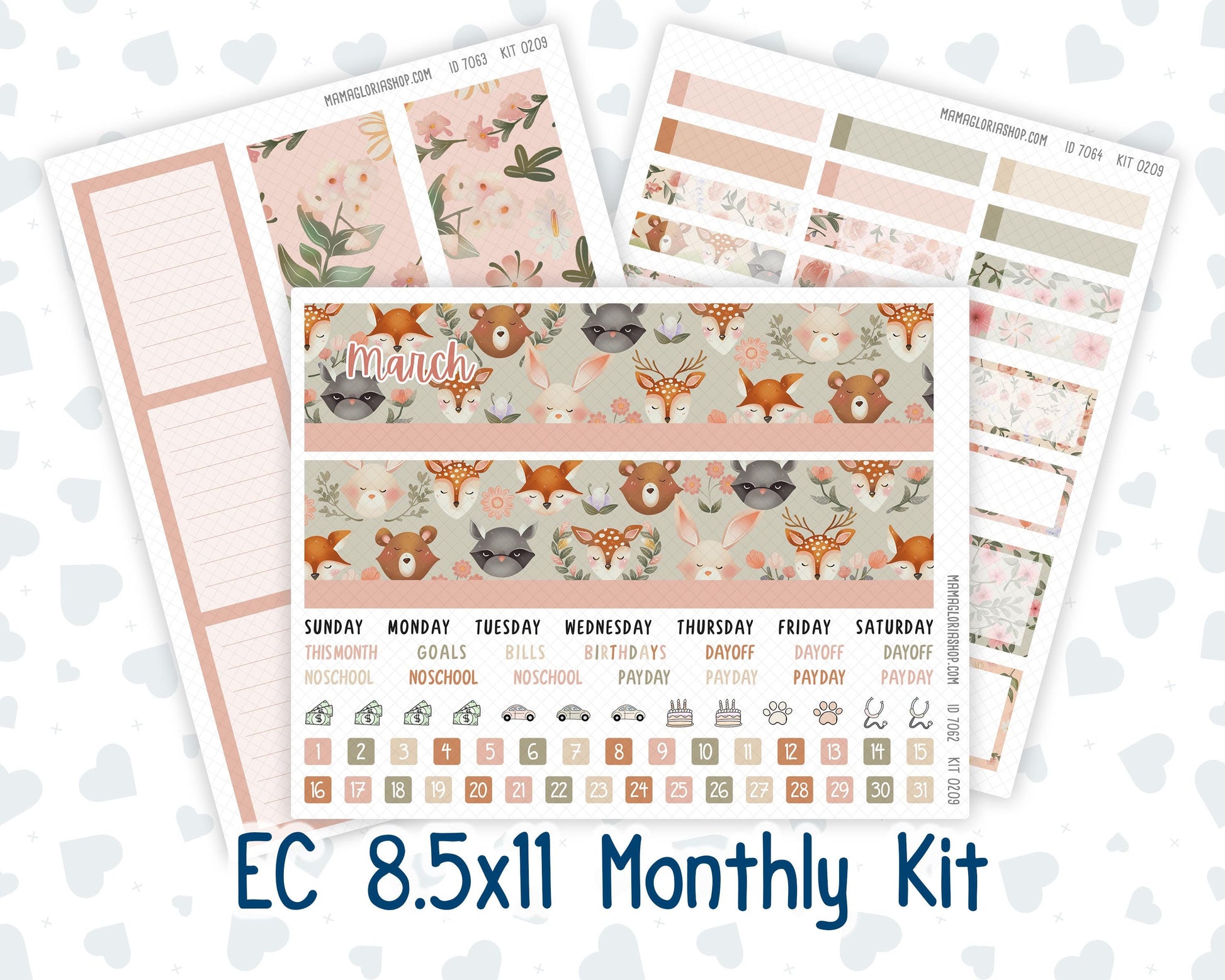 EC 8.5x11 Monthly - Kit 0209- Forest Friends- March- For Erin Condren Planners