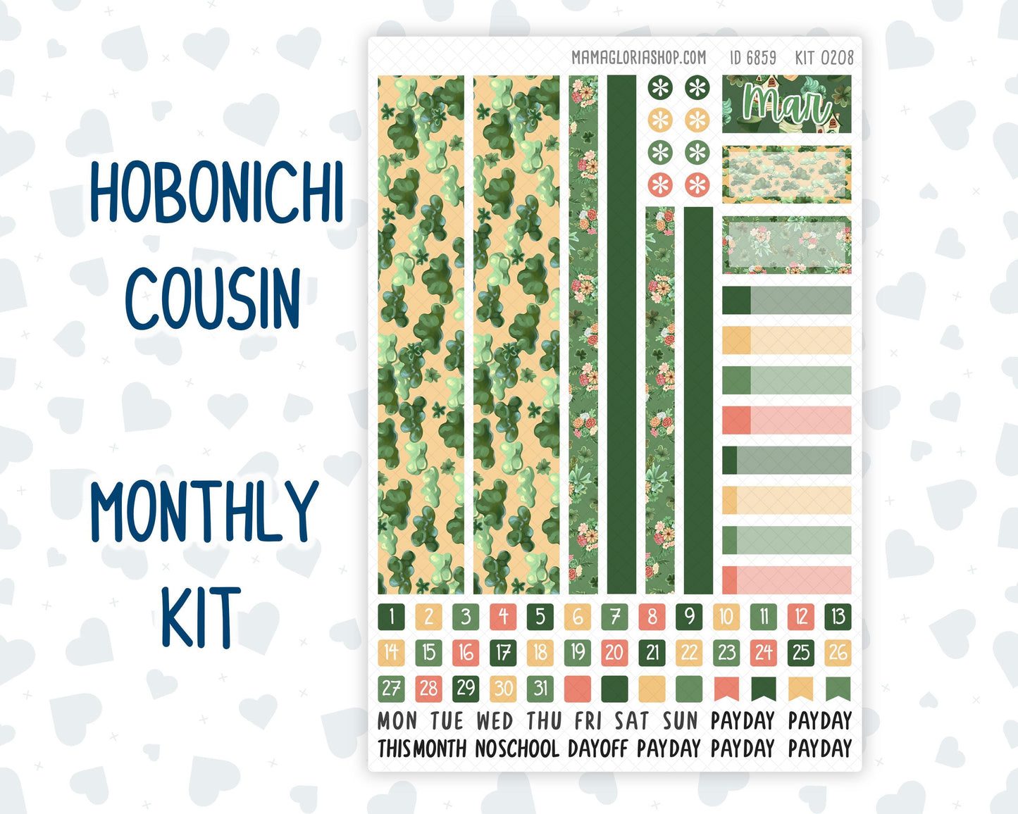 Kit 0208 Hobonichi Cousin – Monthly – 1.3” Wide Columns - Shamrock Lane- March