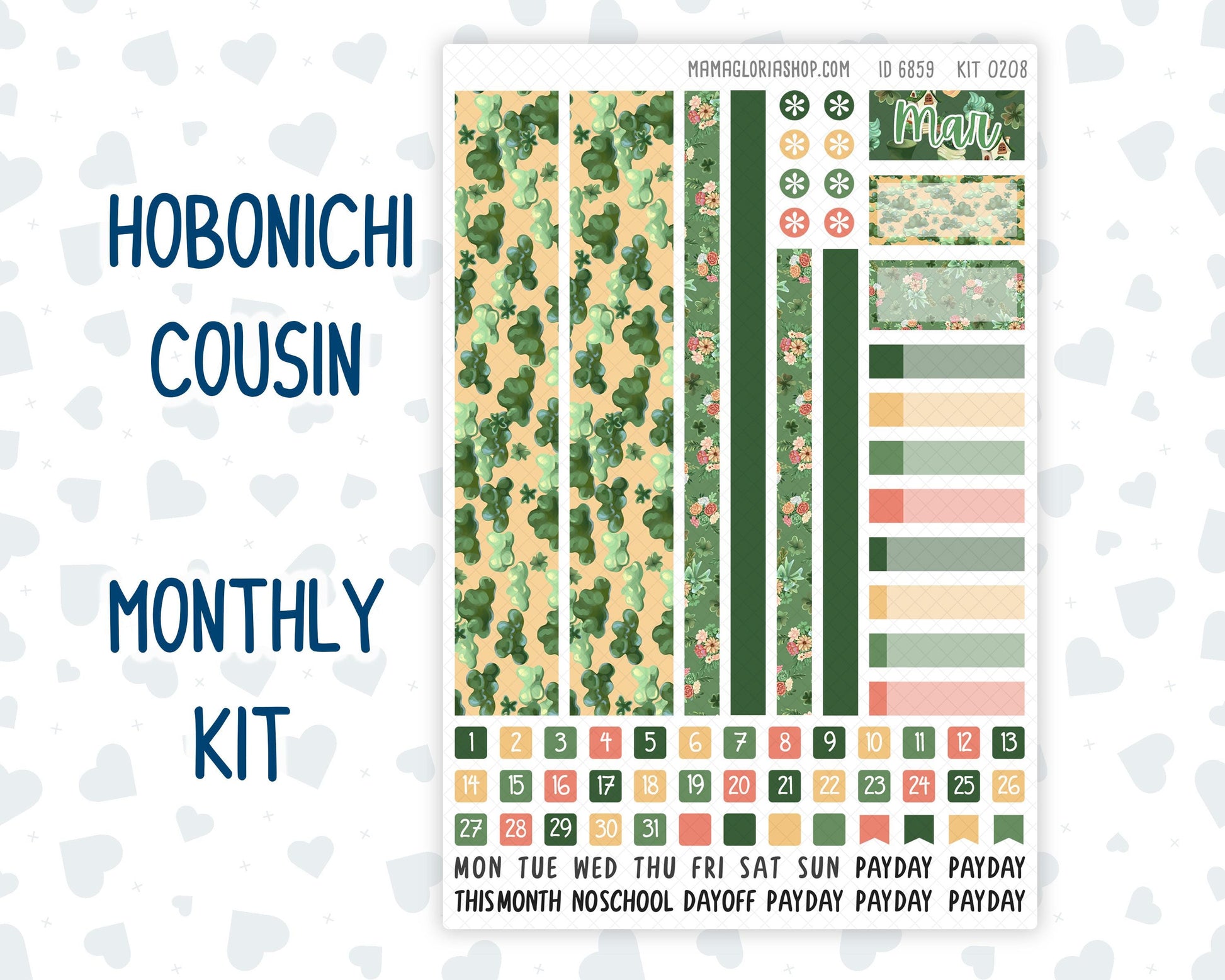 Kit 0208 Hobonichi Cousin – Monthly – 1.3” Wide Columns - Shamrock Lane- March