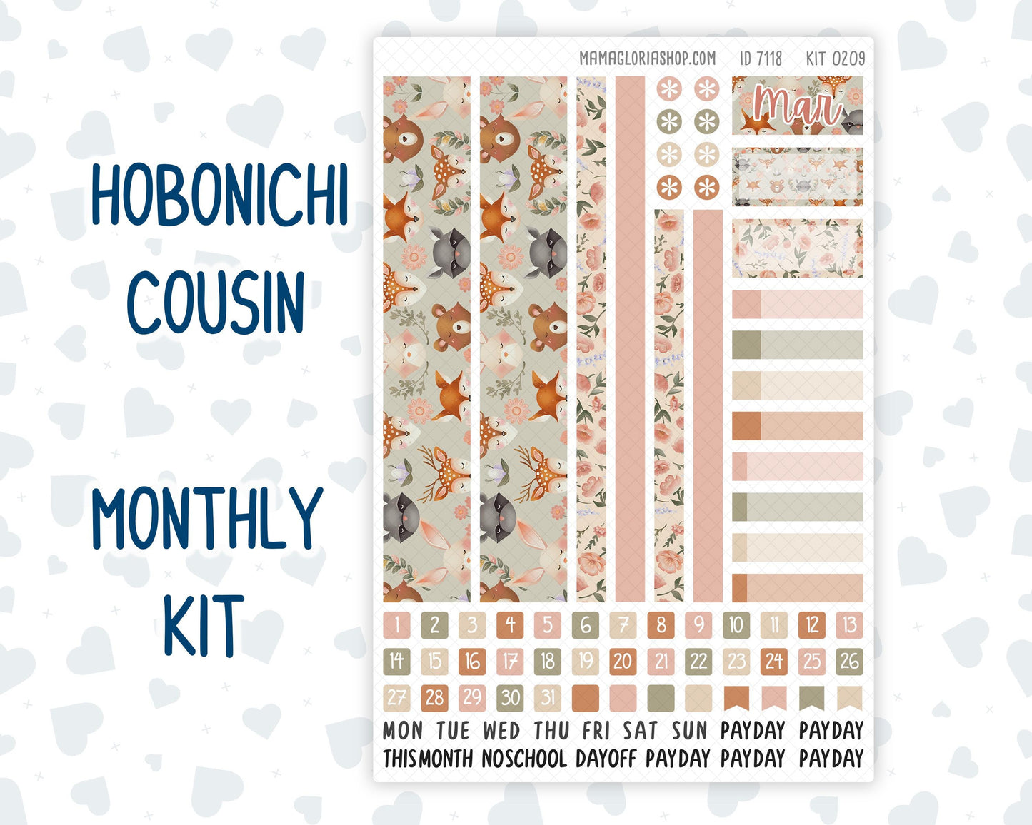 Kit 0209 - Hobonichi Cousin – Monthly – 1.3” Wide Columns - Forest Friends- March