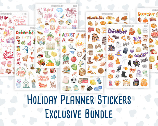 Holiday Planner Stickers Bundle | Monthly Seasonal Sticker Sheets for Planners, Journals & Calendars