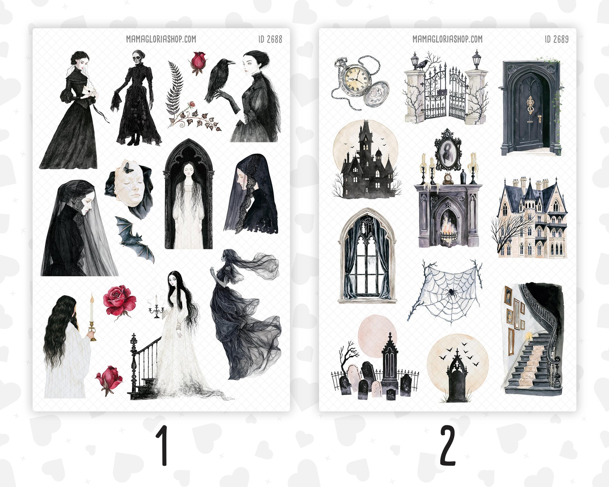 Gothic October - Halloween Planner Stickers, 9 Sheet Clipart Bundle, Victorian Dark Academia Journal Stickers