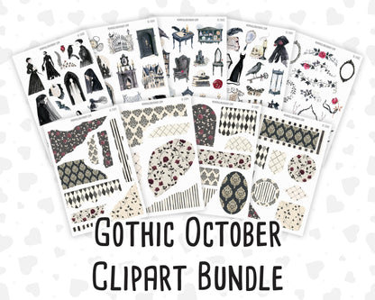 Gothic October - Halloween Planner Stickers, 9 Sheet Clipart Bundle, Victorian Dark Academia Journal Stickers