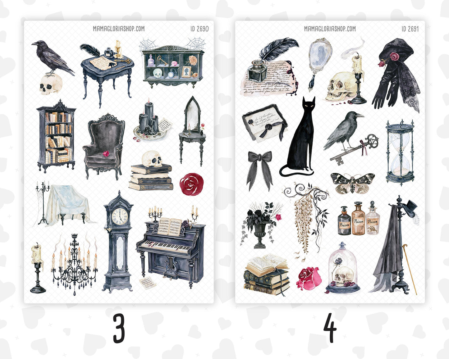 Gothic October - Halloween Planner Stickers, 9 Sheet Clipart Bundle, Victorian Dark Academia Journal Stickers