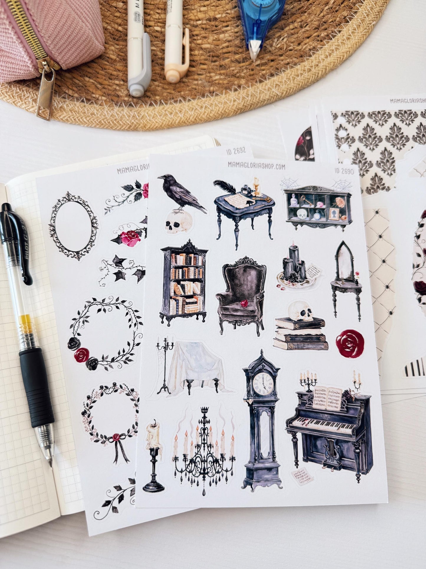 Gothic October - Halloween Planner Stickers, 9 Sheet Clipart Bundle, Victorian Dark Academia Journal Stickers