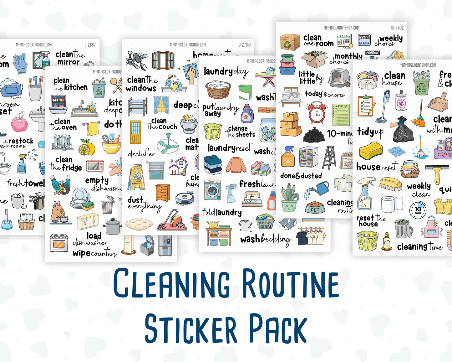 Cleaning Routine Planner Stickers, Chore & Housework Stickers, Laundry, Kitchen, Bathroom, Deep Cleaning, 6 Sheet Bundle