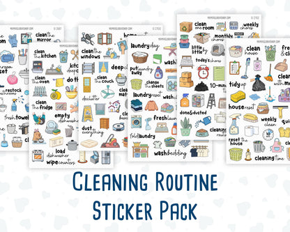 Cleaning Routine Planner Stickers, Chore & Housework Stickers, Laundry, Kitchen, Bathroom, Deep Cleaning, 6 Sheet Bundle