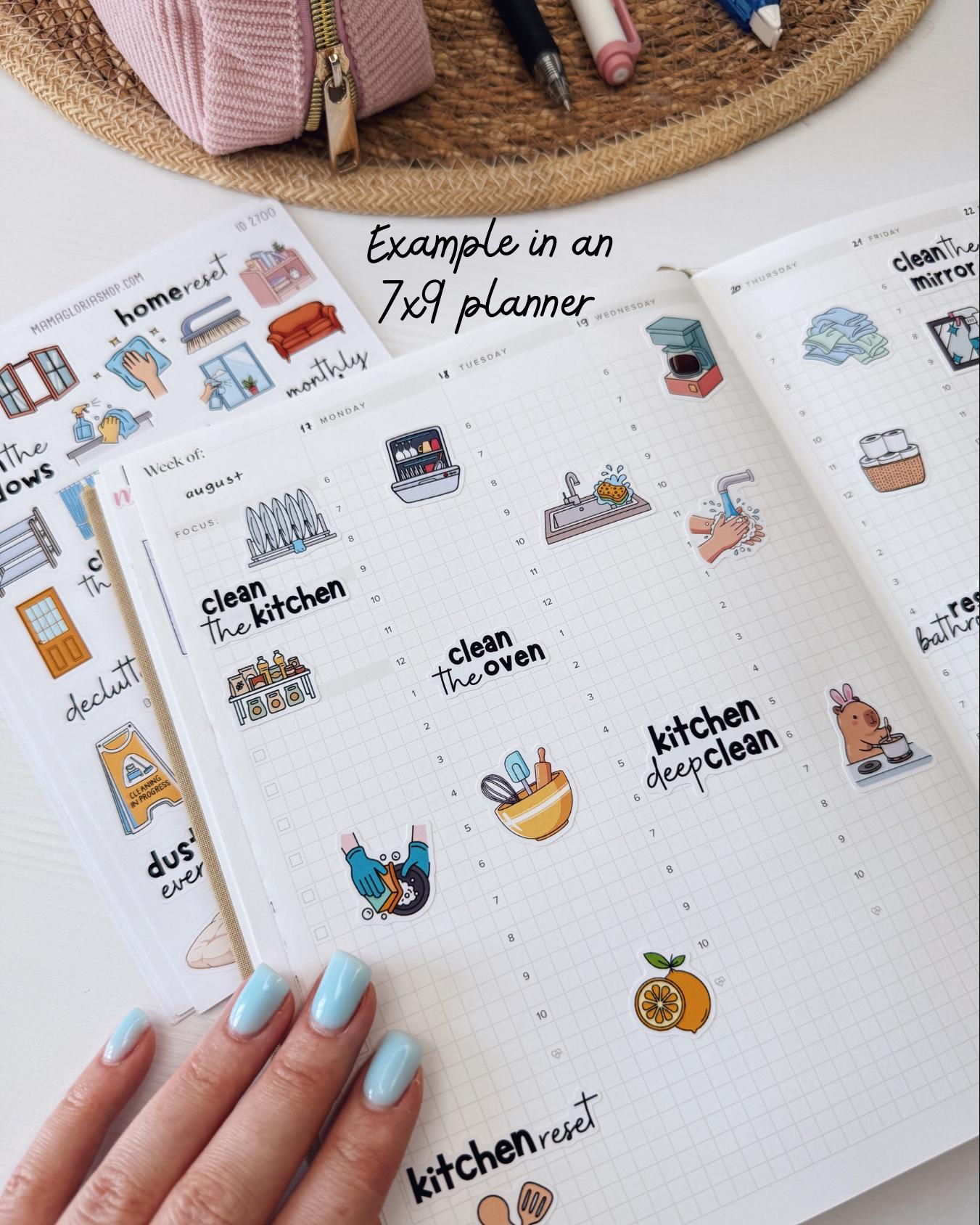Cleaning Routine Planner Stickers, Chore & Housework Stickers, Laundry, Kitchen, Bathroom, Deep Cleaning, 6 Sheet Bundle