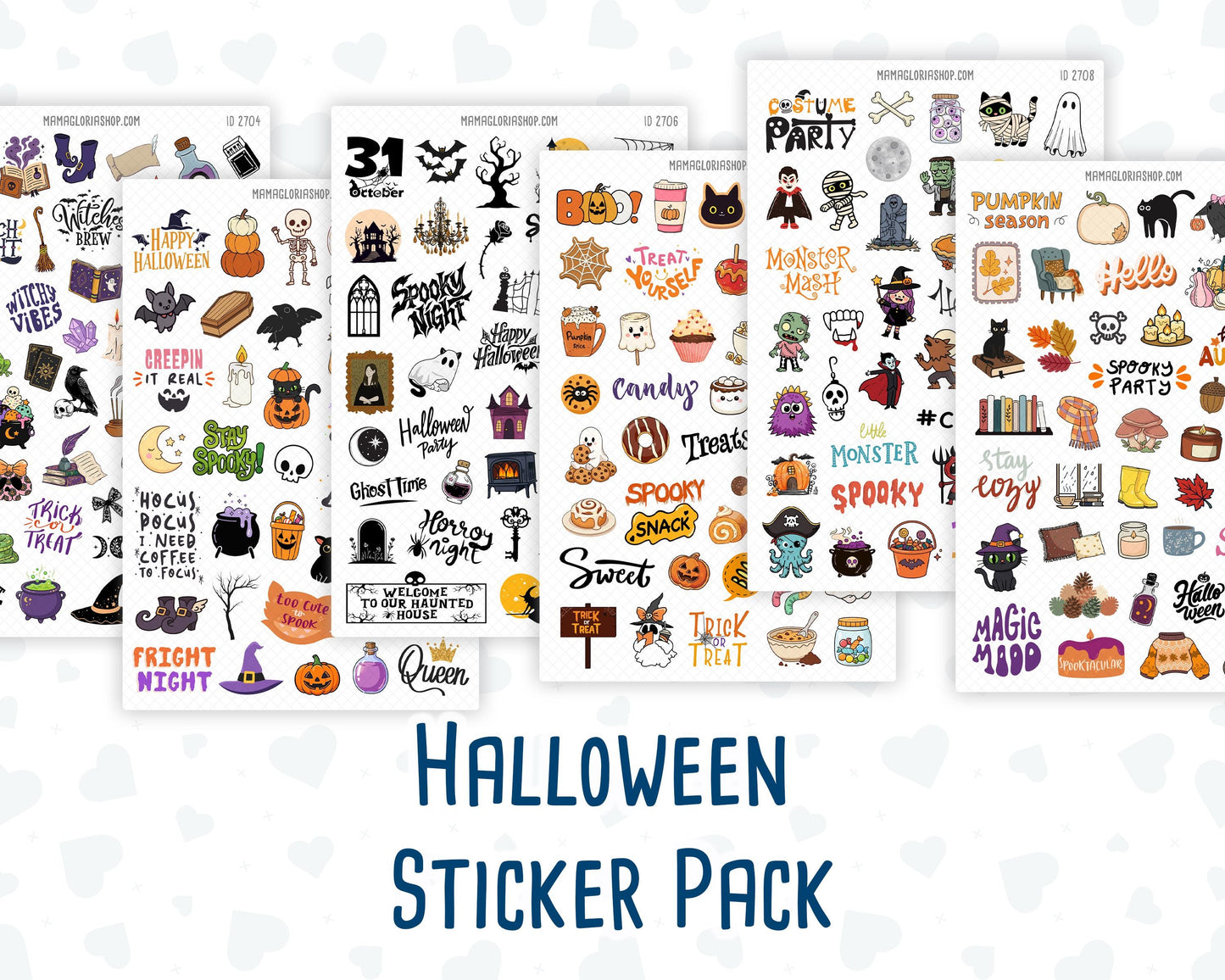 Halloween Planner Stickers, Doodle Icons & Phrases, 6-Sheet Bundle for Journals, Planners