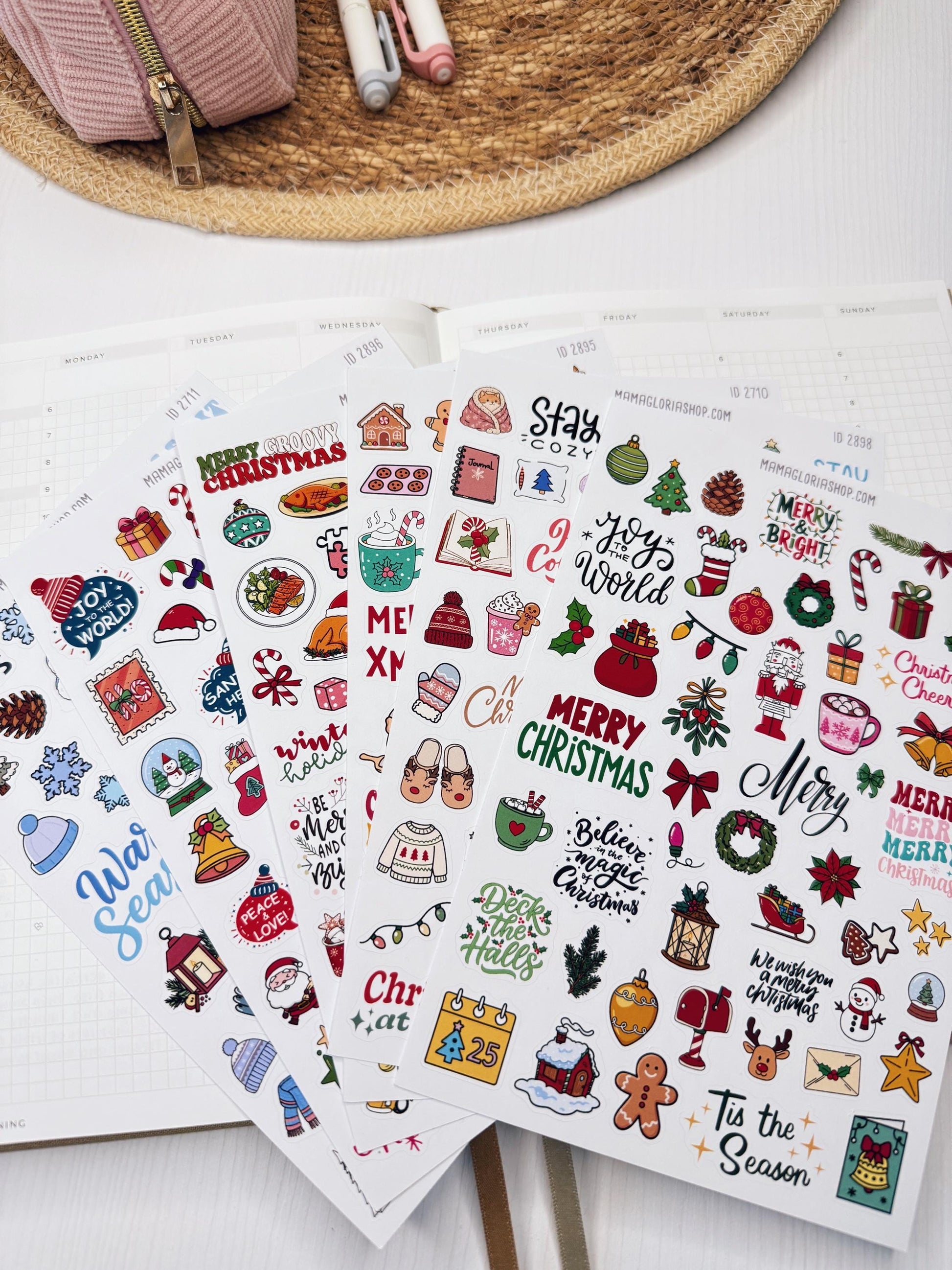 Christmas Planner Stickers, Doodle Icons, Phrases, 6-Sheet Bundle for Journals, Planners & Scrapbooking