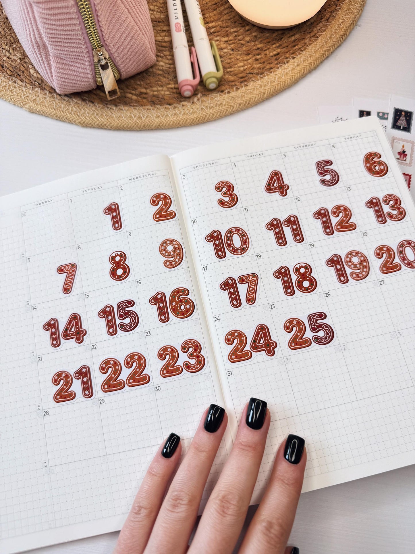Christmas Advent Countdown Stickers, Gingerbread Numbers 1-25, December Daily Planner & Holiday Calendar Stickers