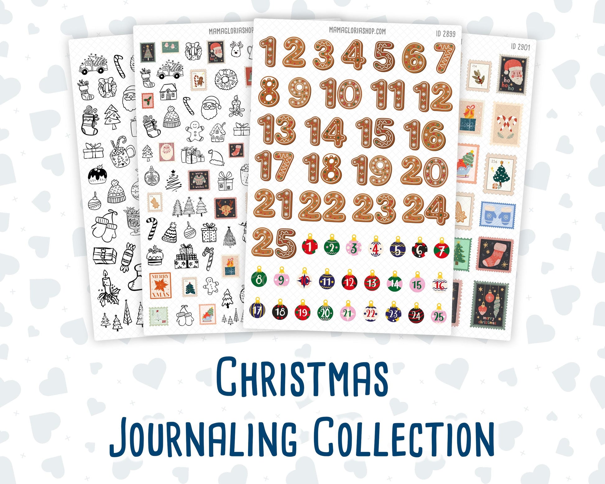 Christmas Journaling Stickers, Doodle Icons, Postage Stamps, Advent Countdown, 4-Sheet Pack for Planners & Scrapbooks