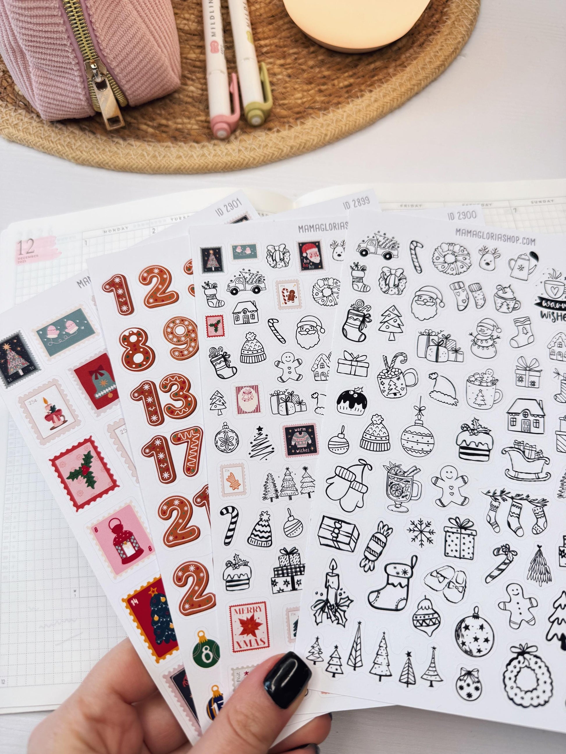 Christmas Journaling Stickers, Doodle Icons, Postage Stamps, Advent Countdown, 4-Sheet Pack for Planners & Scrapbooks