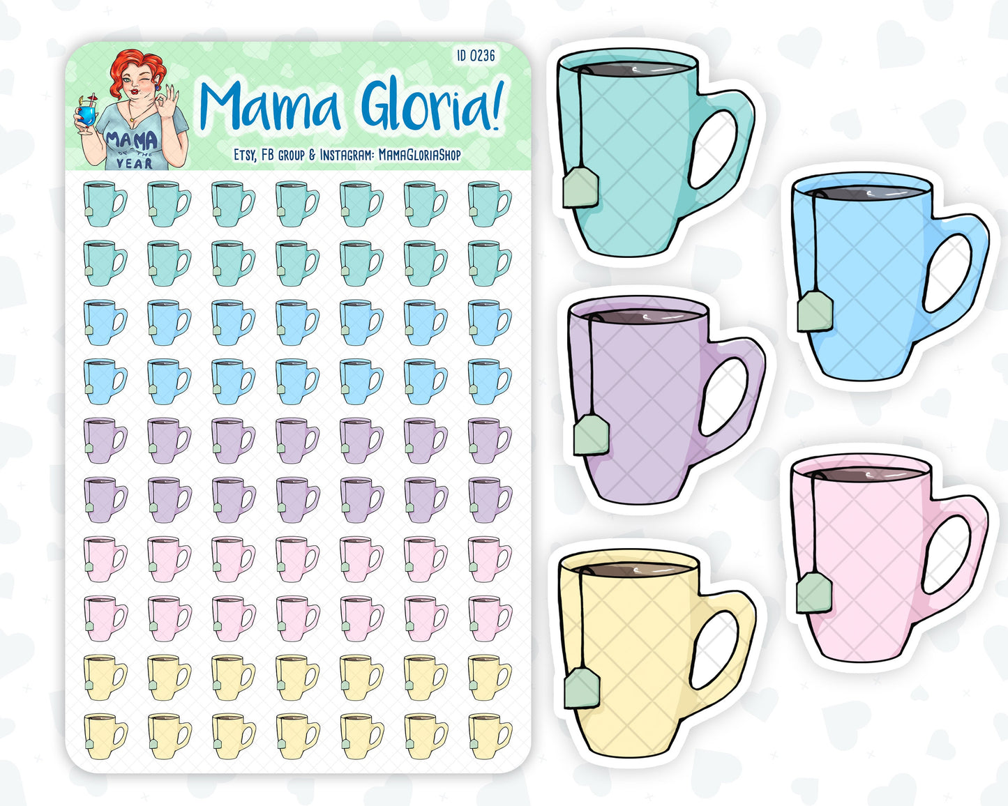 Colorful cups of tea stickers for planners, ID 0236