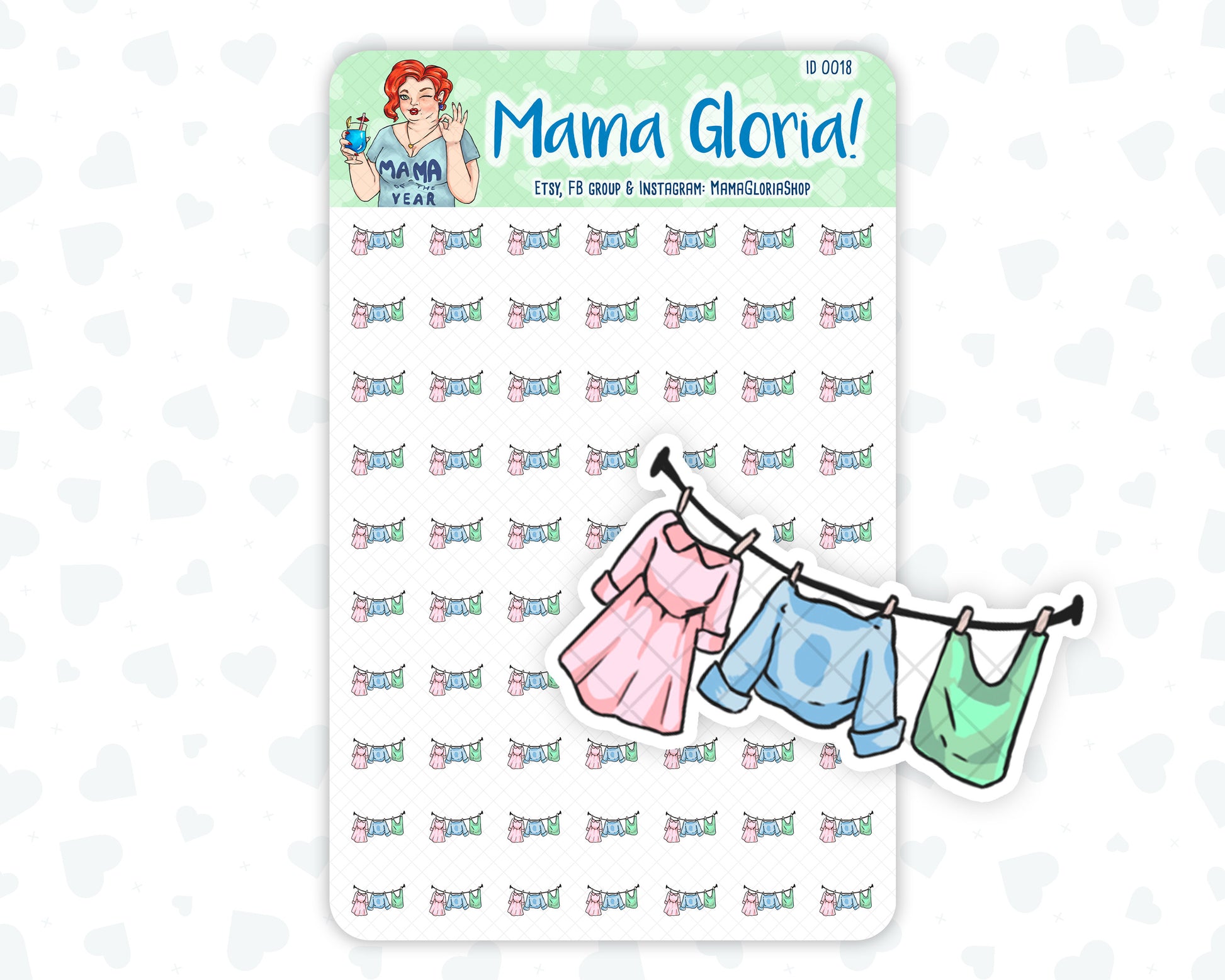 Laundry clothesline stickers for planners, ID 0018