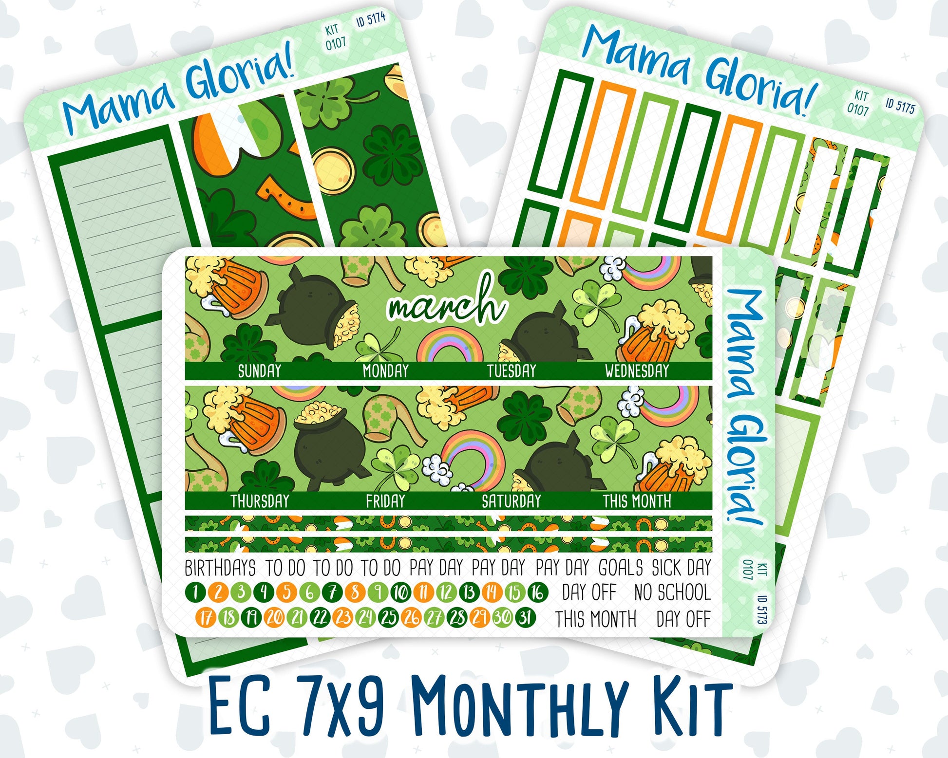 Kit 0104 -7x9 - Monthly - Lucky Day- March- Spring- For EC Planners