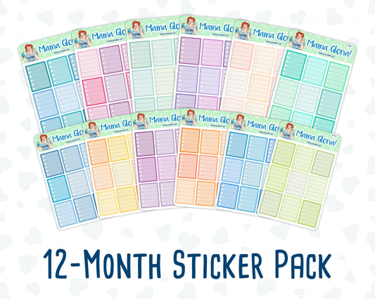 12-Month Functional Boxes- 2024 - Full Boxes- For Planners - Sticker Pack