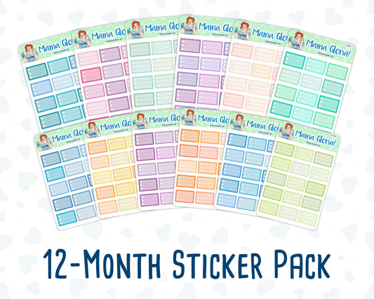 12-Month Functional Boxes- 2024 - Half Boxes- For Planners - Sticker Pack